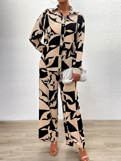 Casual printed suit long-sleeved tops and trousers two pieces set