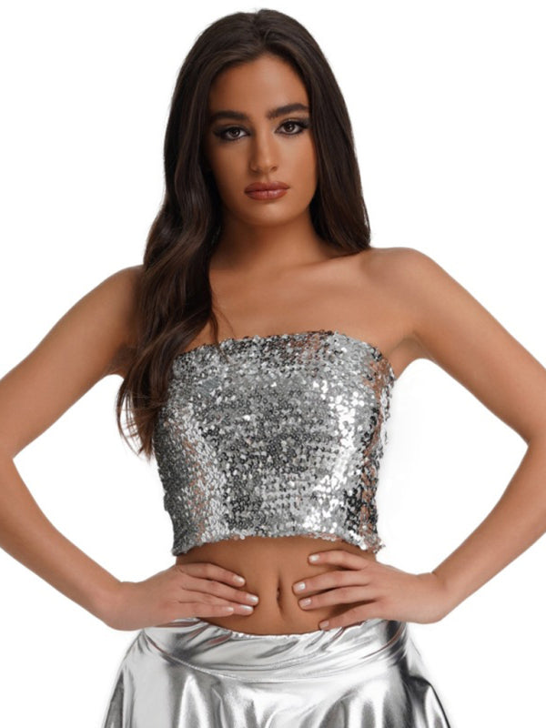 Women's sequin inner performance wear high elastic bandeau top