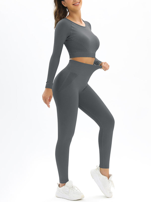 Women's seamless body-fitting beautiful back high elastic long-sleeved sports two-piece suit